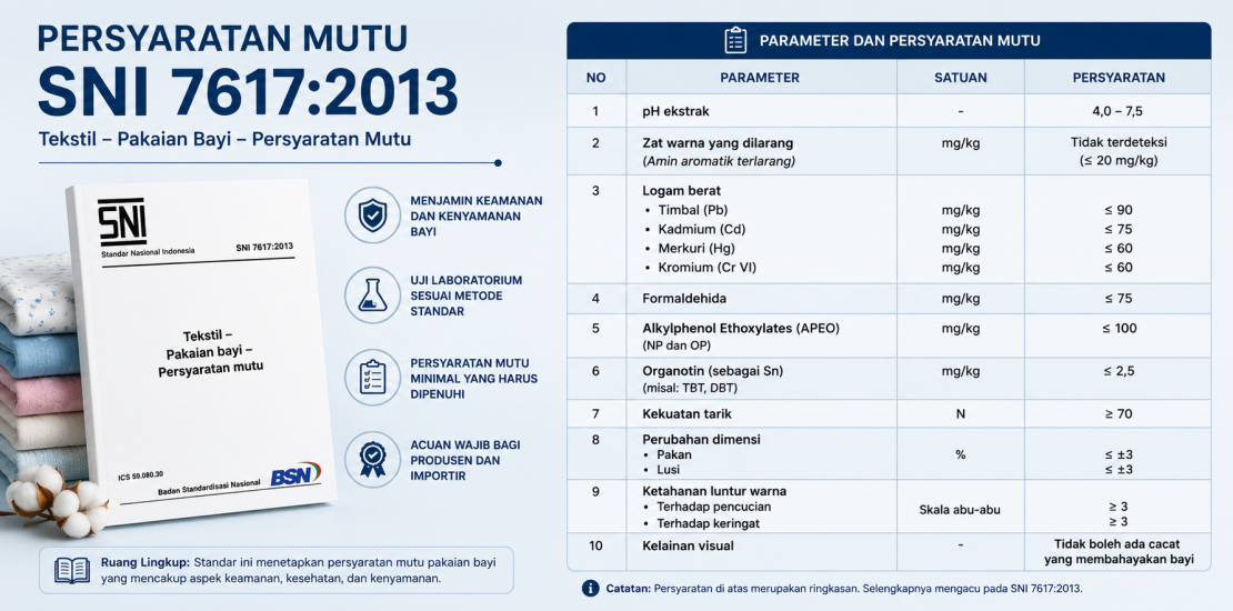 Parameter wajib SNI 7617:2013 pakaian bayi: zat warna azo, formaldehida, dan kadar logam terekstraksi