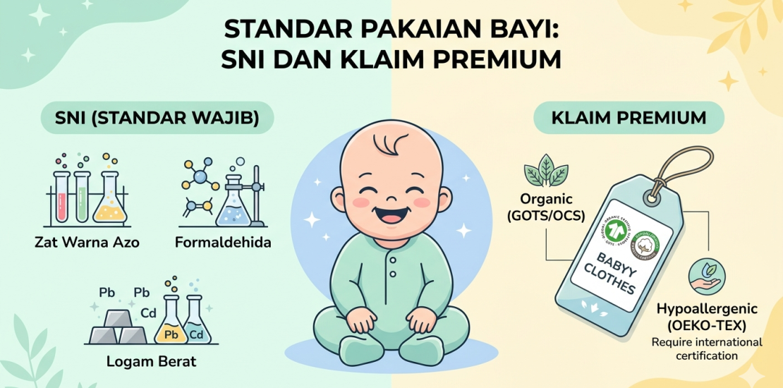 Pakaian bayi organik dengan klaim hypoallergenic dan label sertifikasi SNI sebagai standar keamanan produk tekstil bayi