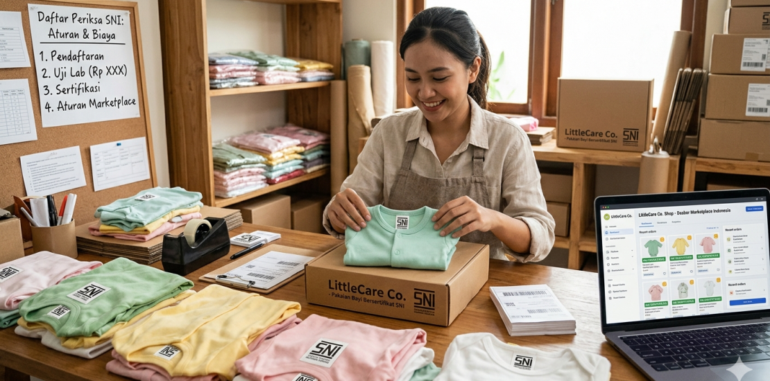 Seller UMKM pakaian bayi sedang mengemas produk berlabel SNI untuk dikirim ke pembeli dari marketplace.