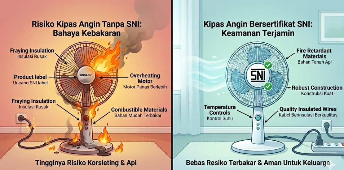 Ilustrasi perbandingan bahaya kipas angin tanpa sertifikasi SNI yang terbakar vs keamanan produk kipas angin ber-SNI untuk keluarga.