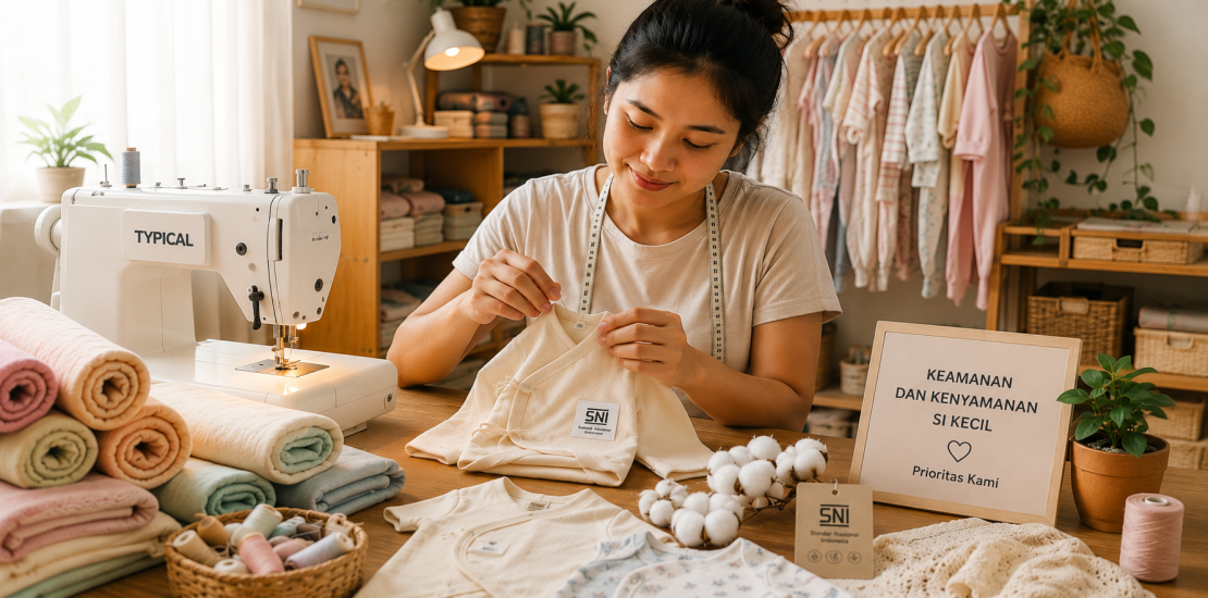 Crafter sedang menjahit pakaian bayi handmade yang sesuai sertifikasi SNI