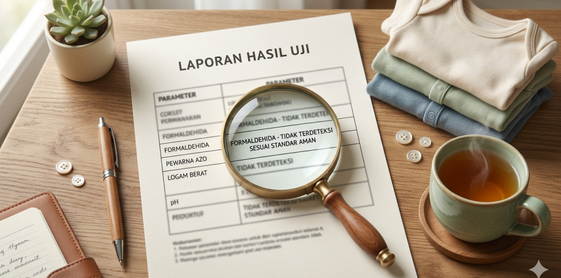 Dokumen hasil uji SNI pakaian bayi di atas meja dengan baju bayi lembut dan kaca pembesar