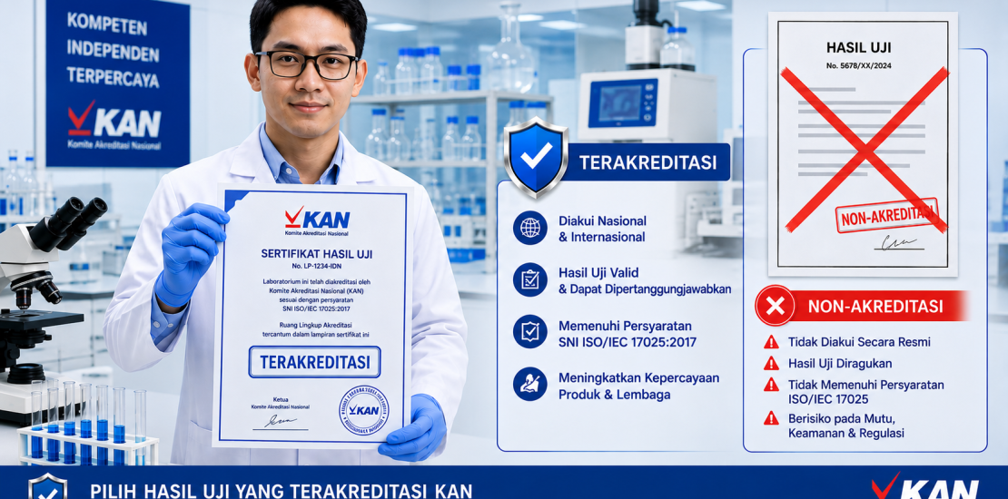 Ilustrasi sertifikat akreditasi KAN dan proses uji laboratorium terakreditasi ISO/IEC 17025