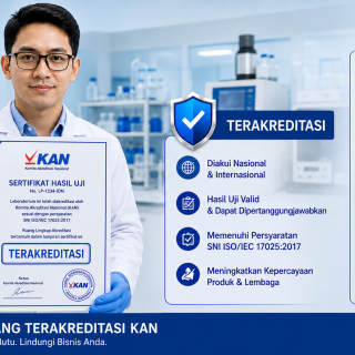 Ilustrasi sertifikat akreditasi KAN dan proses uji laboratorium terakreditasi ISO/IEC 17025