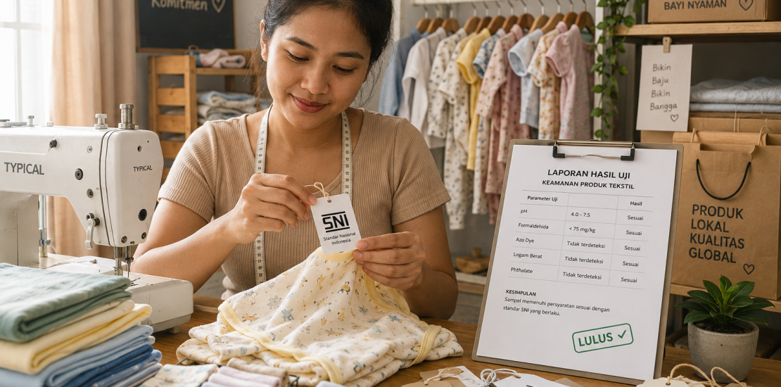 Pelaku UMKM konveksi rumahan memeriksa label SNI pada produk pakaian jadi di ruang produksi sederhana