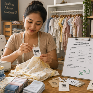 Pelaku UMKM konveksi rumahan memeriksa label SNI pada produk pakaian jadi di ruang produksi sederhana
