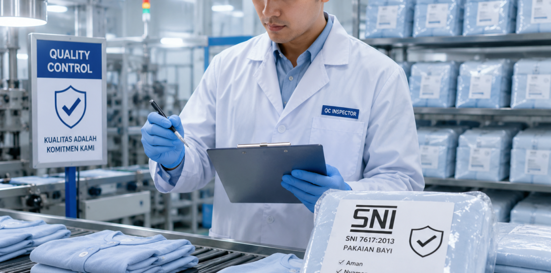 Inspektor QC memeriksa konsistensi produk berlabel SNI di lini produksi pabrik