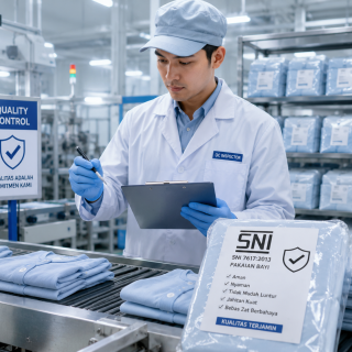 Inspektor QC memeriksa konsistensi produk berlabel SNI di lini produksi pabrik