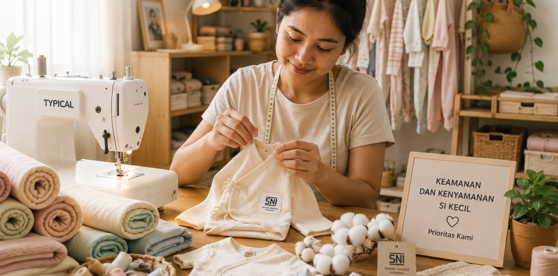 Crafter sedang menjahit pakaian bayi handmade yang sesuai sertifikasi SNI