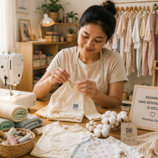 Crafter sedang menjahit pakaian bayi handmade yang sesuai sertifikasi SNI
