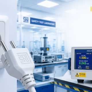 Ilustrasi stop kontak ber-SNI dan tusuk kontak yang sedang menjalani pengujian sertifikasi SNI IEC 60884-1 di laboratorium