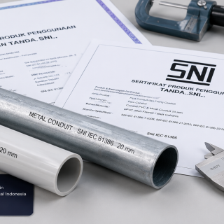 Pipa conduit PVC dan logam dengan dokumen sertifikat SNI dan alat uji laboratorium