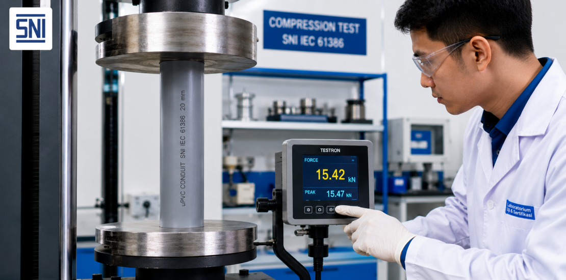 Teknisi melakukan uji laboratorium pipa conduit sesuai SNI IEC 61386 menggunakan alat uji tekan