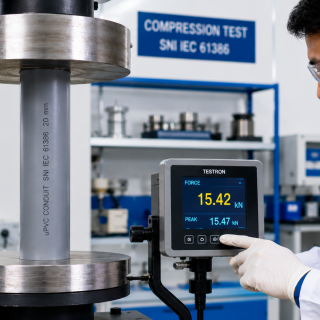 Teknisi melakukan uji laboratorium pipa conduit sesuai SNI IEC 61386 menggunakan alat uji tekan