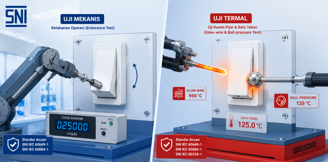 Ilustrasi pengujian SNI Sakelar Dinding IEC 60669-1 untuk ketahanan mekanis dan termal di laboratorium