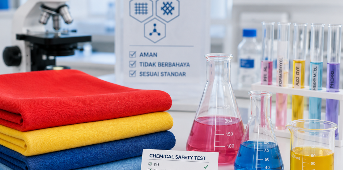 Kain tekstil berwarna cerah diuji di laboratorium untuk memeriksa kandungan pewarna azo penyebab gagal uji SNI
