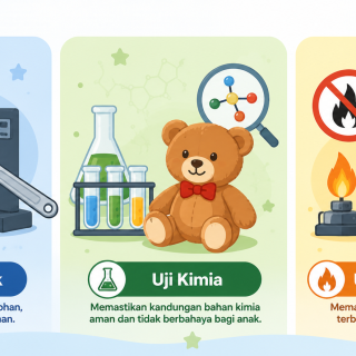 Ilustrasi tiga jenis uji SNI mainan anak: uji mekanik, uji kimia, dan uji mudah terbakar