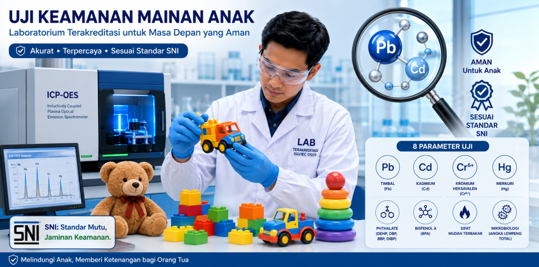 Teknisi laboratorium menguji migrasi logam berat pada mainan anak dengan alat ICP-OES