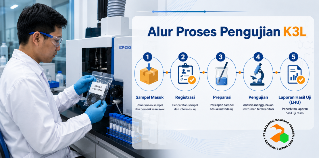 Analis Rajawali Lab memeriksa sampel produk dalam proses pengujian K3L di laboratorium terakreditasi