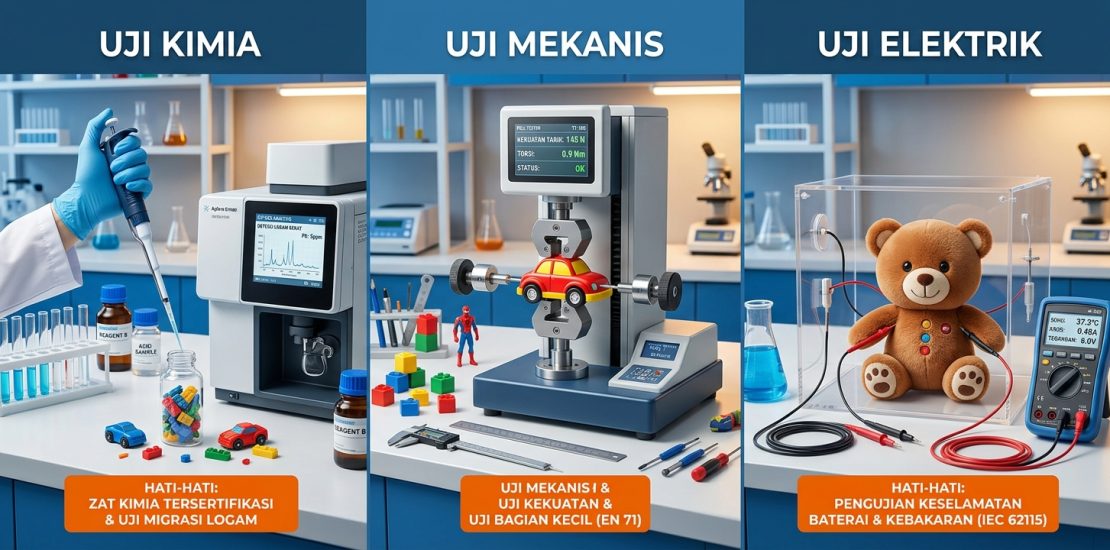 Teknisi laboratorium menguji sampel mainan anak untuk sertifikasi SNI kategori kimia, mekanis, dan elektrik