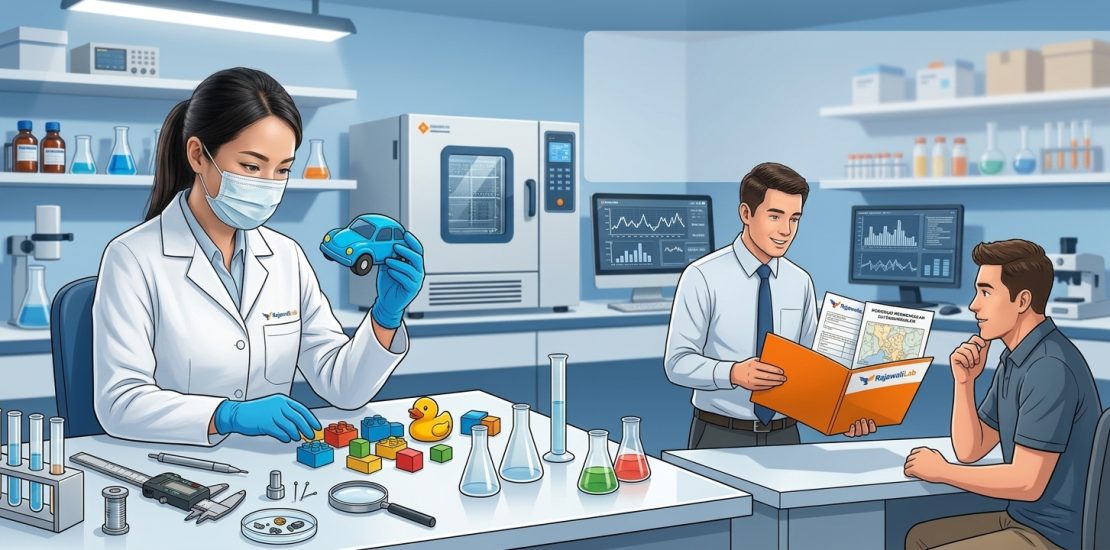 Konsultasi uji lab SNI mainan anak bersama analis RajawaliLab yang memeriksa sampel dan dokumen pengujian