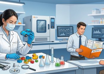 Konsultasi uji lab SNI mainan anak bersama analis RajawaliLab yang memeriksa sampel dan dokumen pengujian