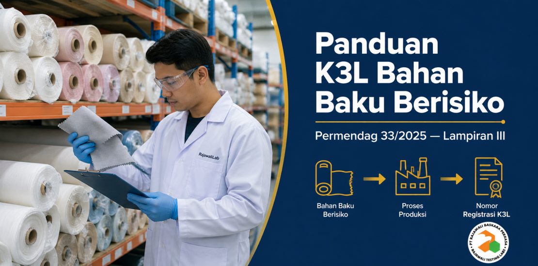 Petugas laboratorium memeriksa gulungan kain untuk registrasi K3L bahan baku sesuai Permendag 33/2025