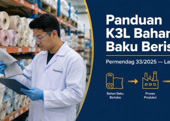 Petugas laboratorium memeriksa gulungan kain untuk registrasi K3L bahan baku sesuai Permendag 33/2025
