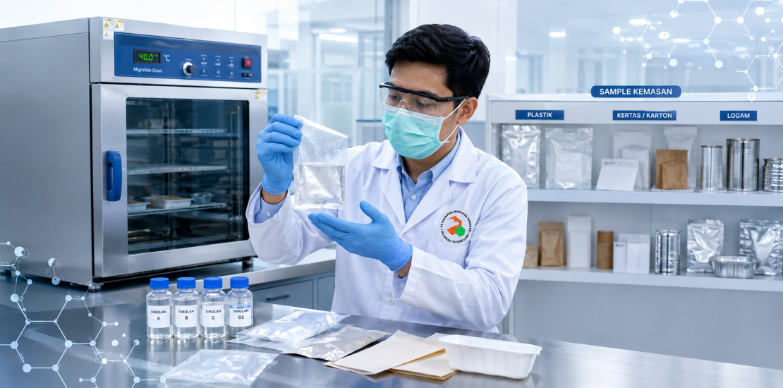 Teknisi laboratorium menguji sampel kemasan pangan plastik sesuai Perka BPOM Nomor 11 Tahun 2026