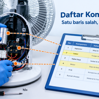 Petugas laboratorium mencocokkan daftar komponen kritis dengan komponen di dalam sampel produk listrik