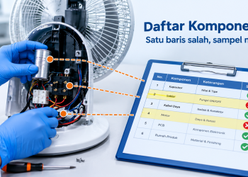 Petugas laboratorium mencocokkan daftar komponen kritis dengan komponen di dalam sampel produk listrik