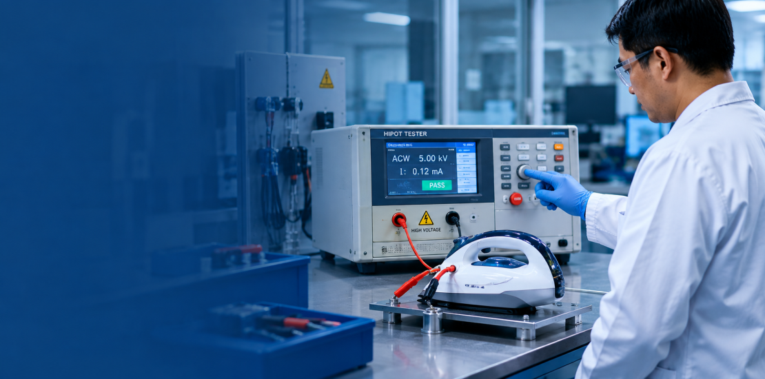 Teknisi laboratorium menjalankan pengujian produk listrik memakai hipot tester untuk uji dielektrik dan arus bocor