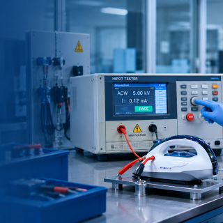 Teknisi laboratorium menjalankan pengujian produk listrik memakai hipot tester untuk uji dielektrik dan arus bocor