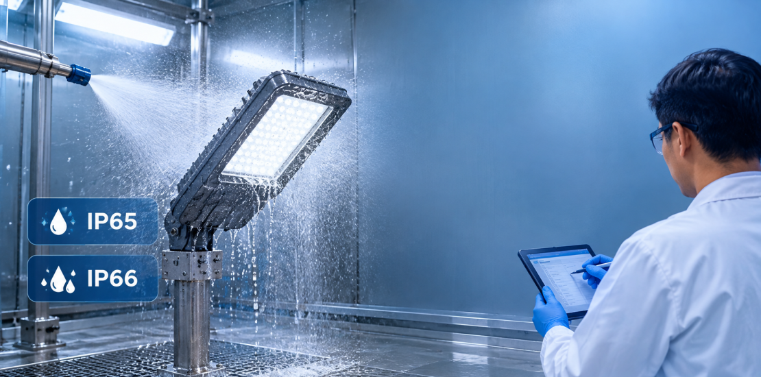 Uji IP luminer LED outdoor di ruang semprotan air laboratorium pengujian