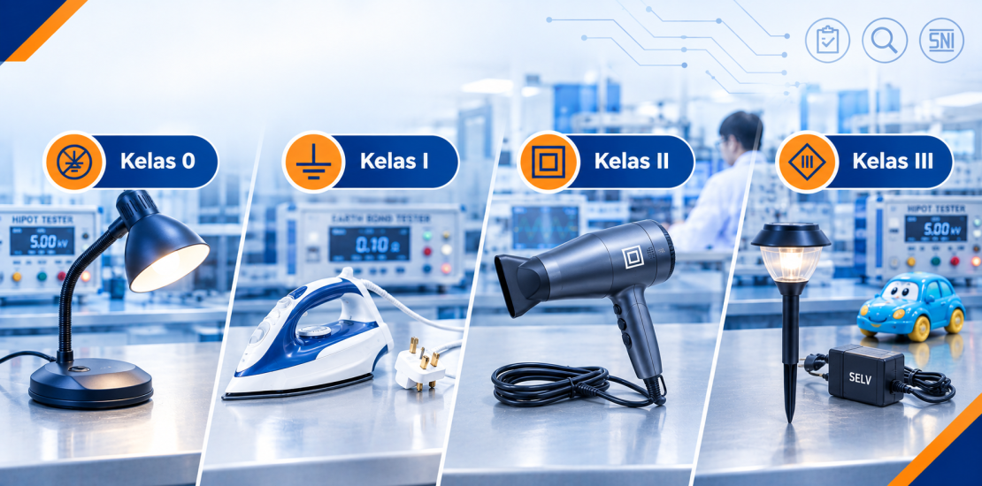 Perbandingan simbol kelas proteksi peralatan listrik kelas 0, I, II, dan III pada pengujian laboratorium