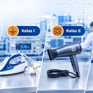 Perbandingan simbol kelas proteksi peralatan listrik kelas 0, I, II, dan III pada pengujian laboratorium