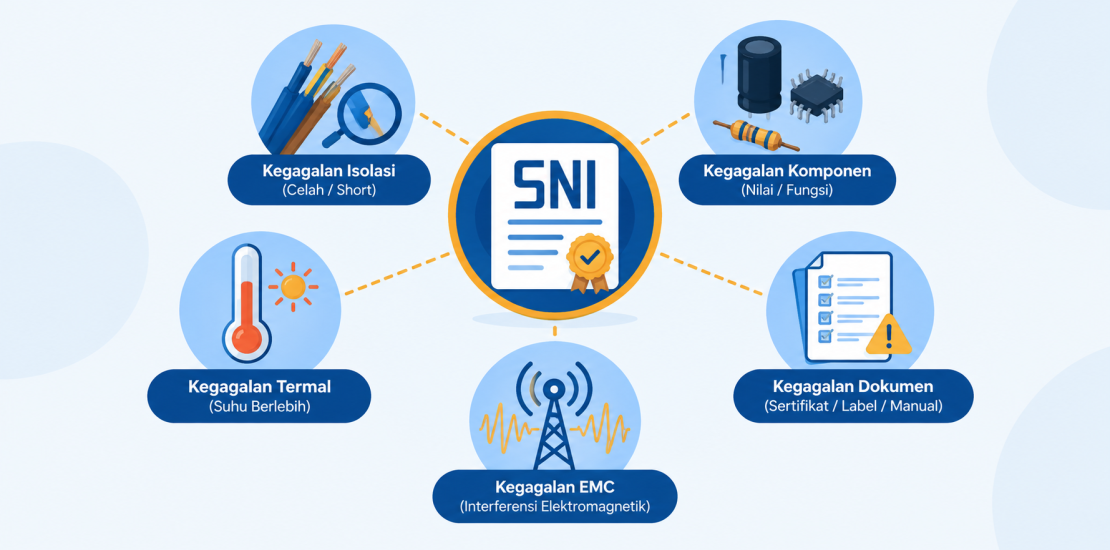 Teknisi laboratorium memeriksa penyebab produk listrik gagal uji lab pada alat uji kekuatan listrik