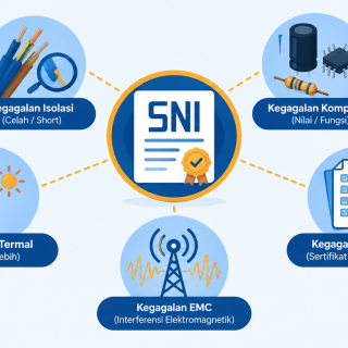 Teknisi laboratorium memeriksa penyebab produk listrik gagal uji lab pada alat uji kekuatan listrik