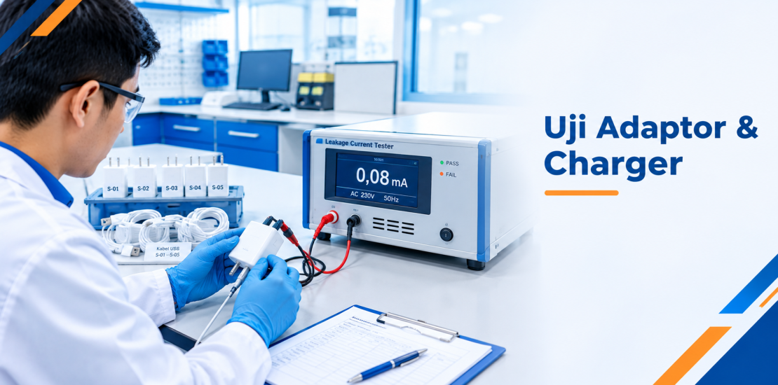 Teknisi laboratorium melakukan uji adaptor charger SNI untuk mengukur arus bocor sebelum registrasi K3L
