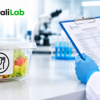 Logo tara pangan simbol gelas dan garpu pada kemasan plastik pangan yang diperiksa di laboratorium